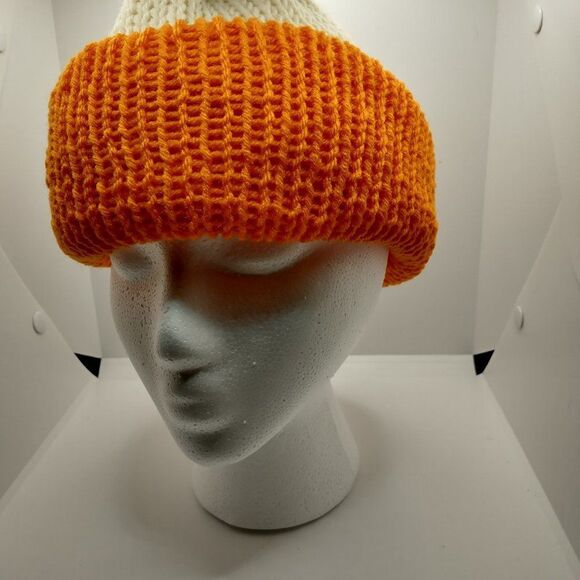 Handmade Hat Orange Ivory Unisex Winter Knit Warm Beanie Slouchy Ski Cap Pom Pom - Picture 5 of 7